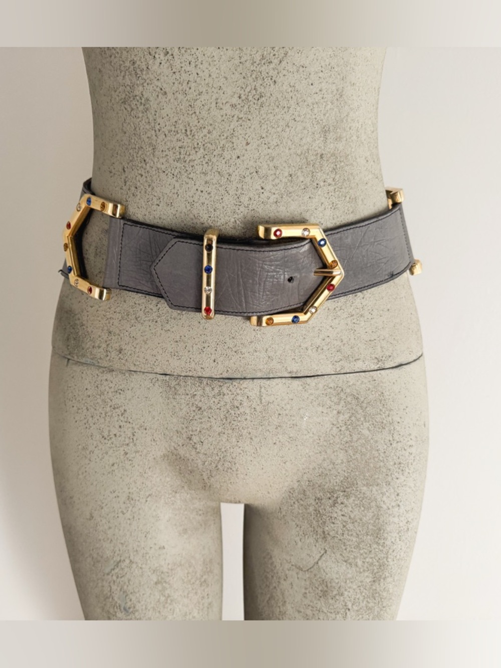 1980s Grey Leather Statement Belt with Gold Multistone Buckles